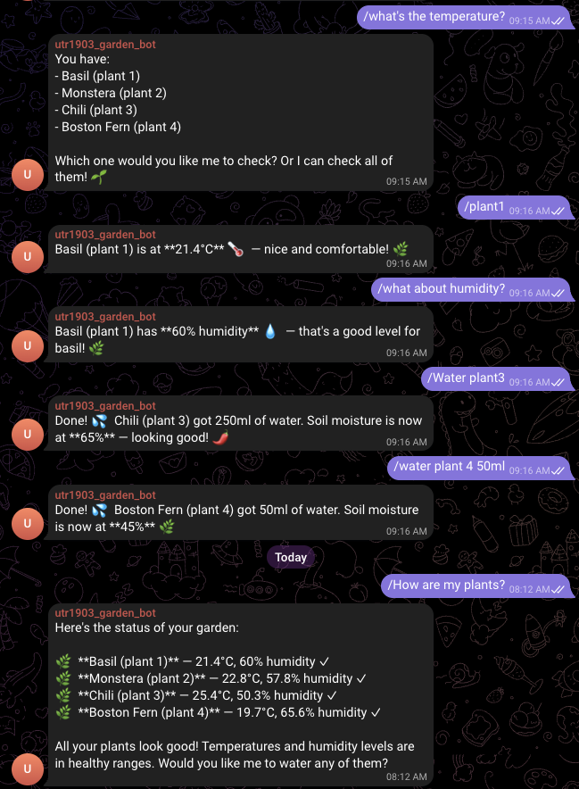 Telegram chat with the garden bot: asking for the temperature lists all four
plants, then reads 21.4°C for the basil and 60% humidity; two watering requests
move the chili to 65% and the fern to 45% soil moisture; a final "how are my
plants?" returns a full status table for all
four.